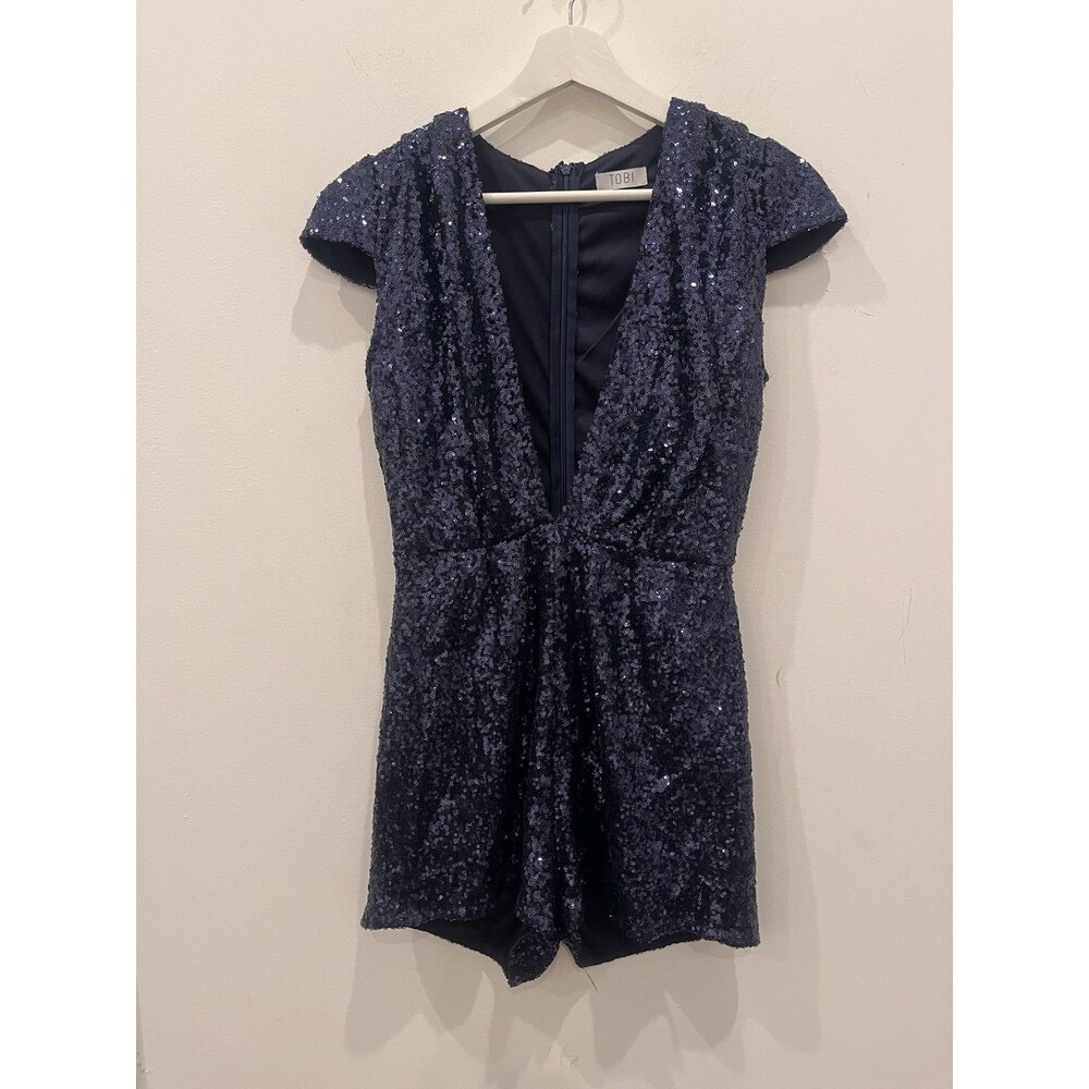 Tobi Sequin Deep V Fitted Holiday Jumpsuit Shorts Blue Sz Small Party